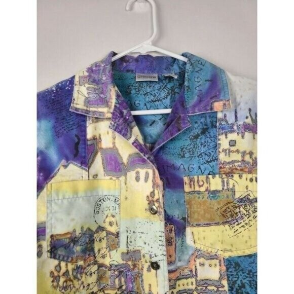Chicos Womens Wearable Art Jacket Medium Yellow Blue Abstract Novelty Shacket - Picture 2 of 8